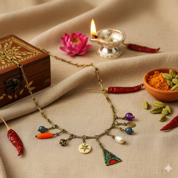 🆕️ Indian Artisanal Boho Chic Necklace Antique Gold Charms Colorful Accents - Picture 7 of 9